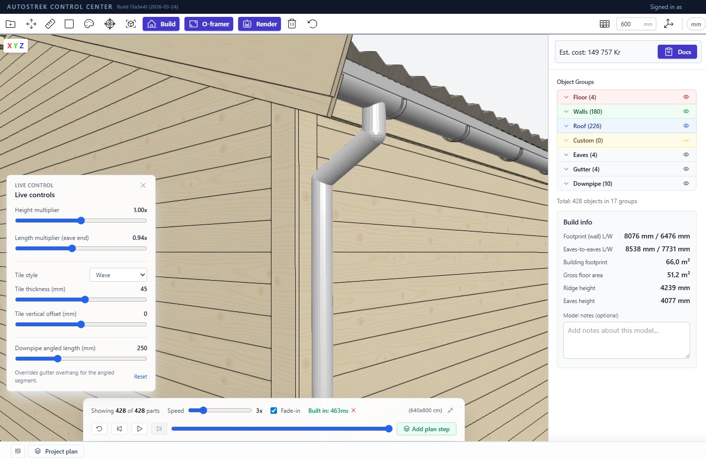 Autostrek CAD workspace showing a timber building, live controls, object groups and build information